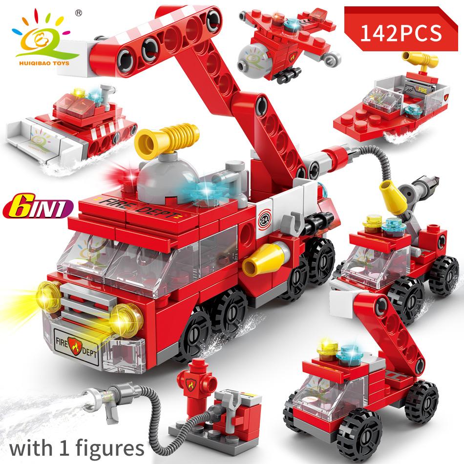 HUIQIBAO 6IN1 City Fire Car Police Truck Engineering Crane Building Blocks Tank Helicopter Bricks Set Toys for Children