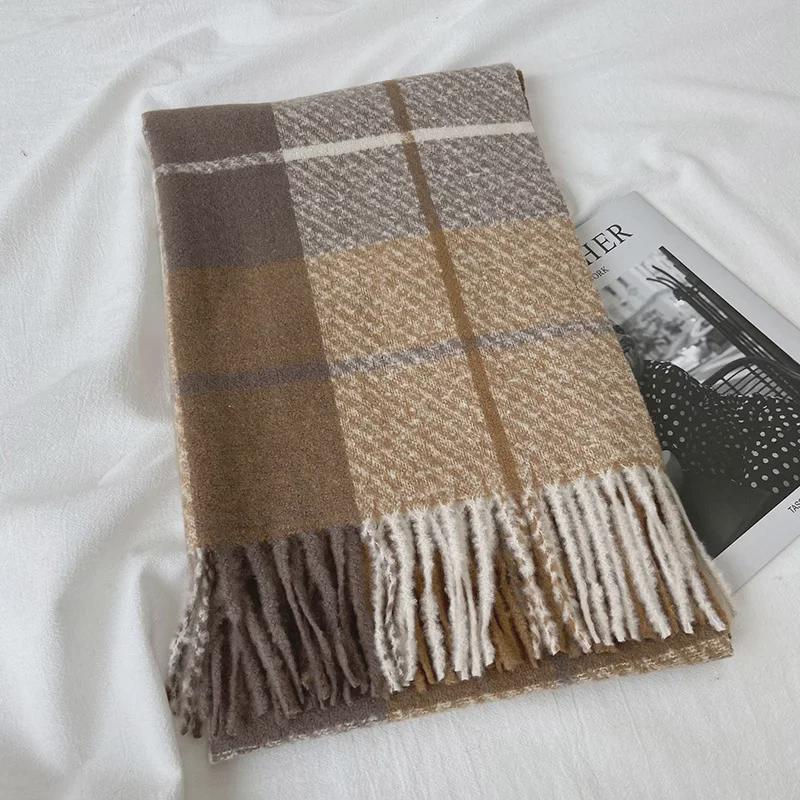 Korean Style Plaid Cashmere-Like Tassel Scarf for Women - Warm, Thick, and Ideal for Autumn and Winter