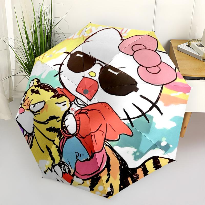 1pc Hello Kitty & Tiger Automatic Folding Umbrella - Portable 3-Fold Design with Iron Frame, Perfect for Outdoor Use, Festive Gifts, Travel, Daily Use