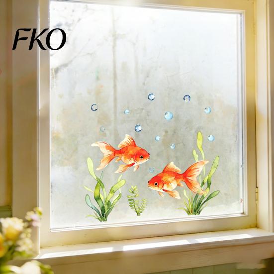 Aquatic Plant Window Decal Red Goldfish Design Sticker, Transparent Electrostatic Adhesion No Glue Auspicious Decor Glass for Living Room Bedroom