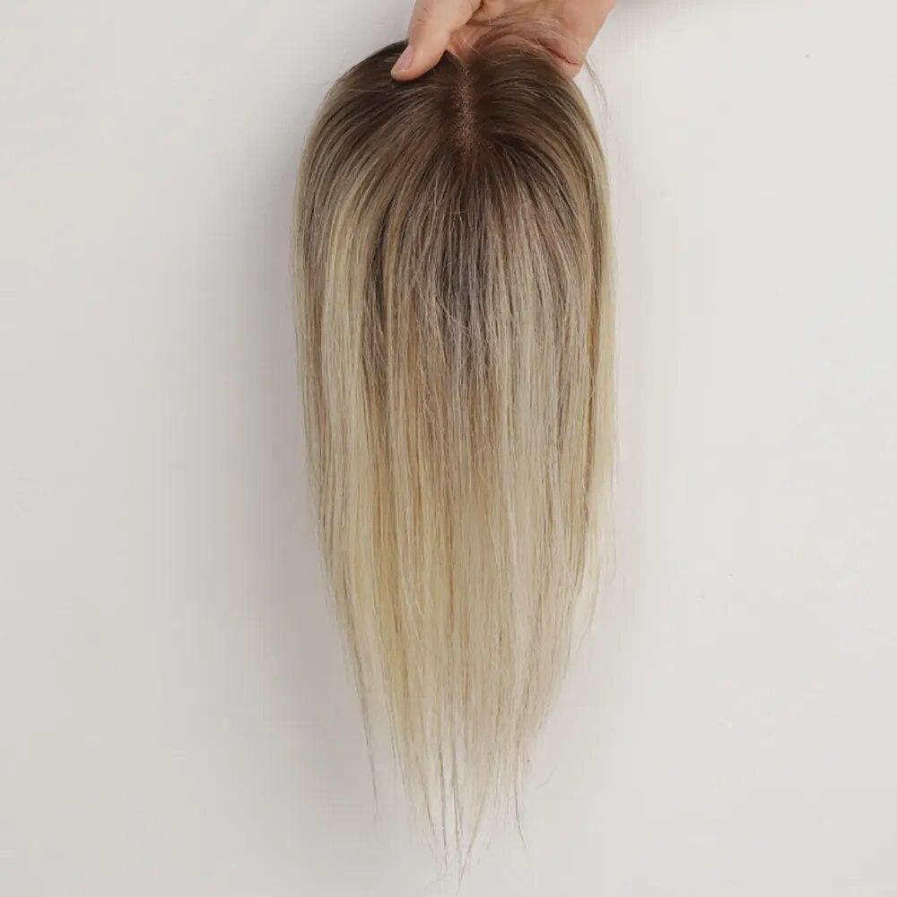 100% Remy Human Hair Toppers Middle Part Ombre Light Brown Golden Human Hair Pieces for Women with Thinning Hair Clip In Toppers