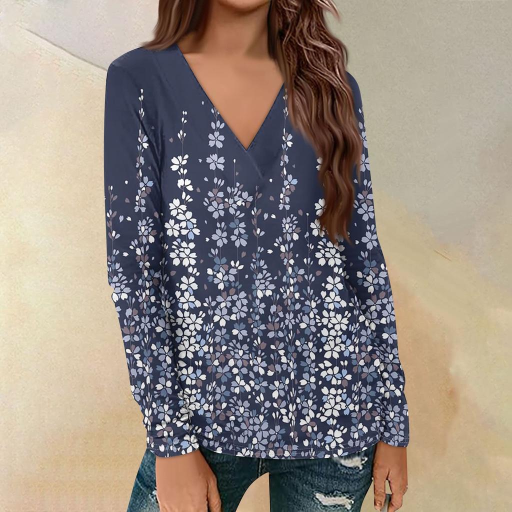 Women's Casual Printed Long Sleeve Loose V-Neck Pullover Top
