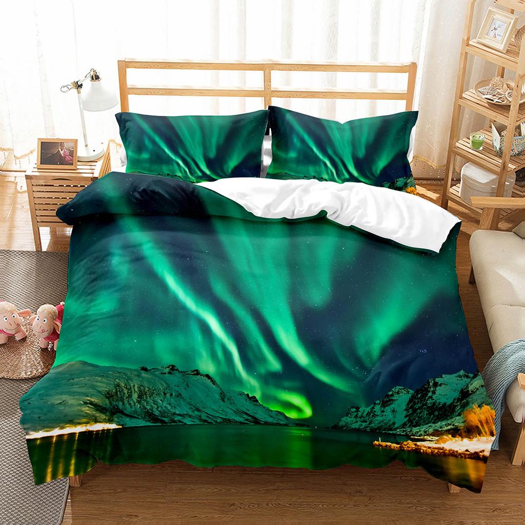 Пододеяльник Кинг/Квин Северное сияние Набор постельного белья с природным пейзажем Красочный пейзаж неба Чехол для одеяла Полиэстер Чехол для одеяла