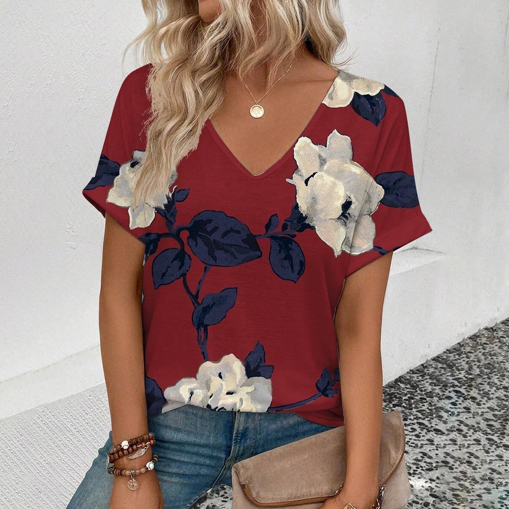 Женская футболка с коротким рукавом и V-образным вырезом Футболка с цветочным принтом в стиле ретро Модная футболка с коротким рукавом Летняя женская футболка для отдыха