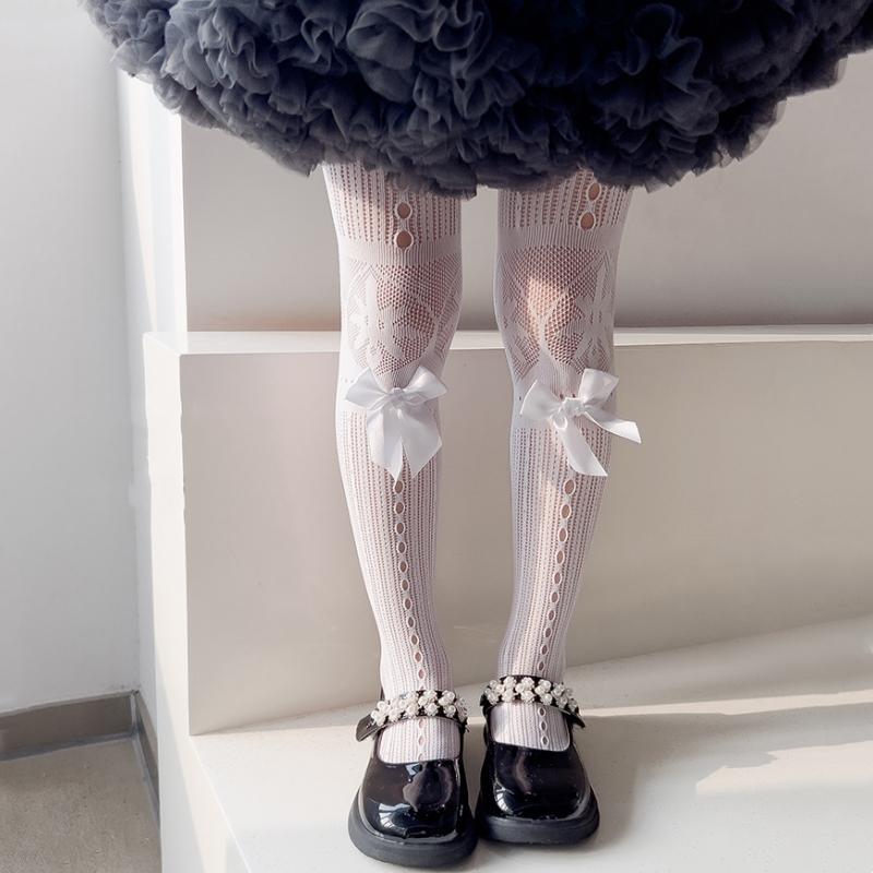 Детские колготки для девочек однотонные с кружевным бантом и ажурными вырезами для детей, милые тонкие дышащие леггинсы, летние, милые чулки