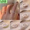 Kpop Cute Multi Beaded Imitation Pearl Colorful Crystal Adjustable Rope Chain Rings For Women Continuous Circle Minimalist Ring