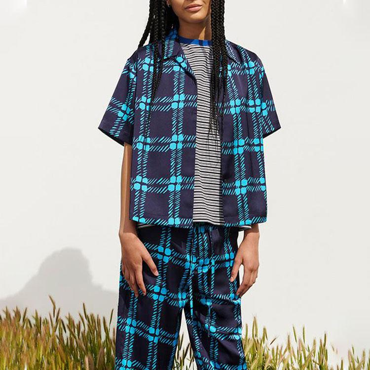 Uniqlo Коллаборация Marni Весна-Лето 2022 Клетчатая однобортная рубашка с коротким рукавом Женские рубашки Темно-синий 451548-69