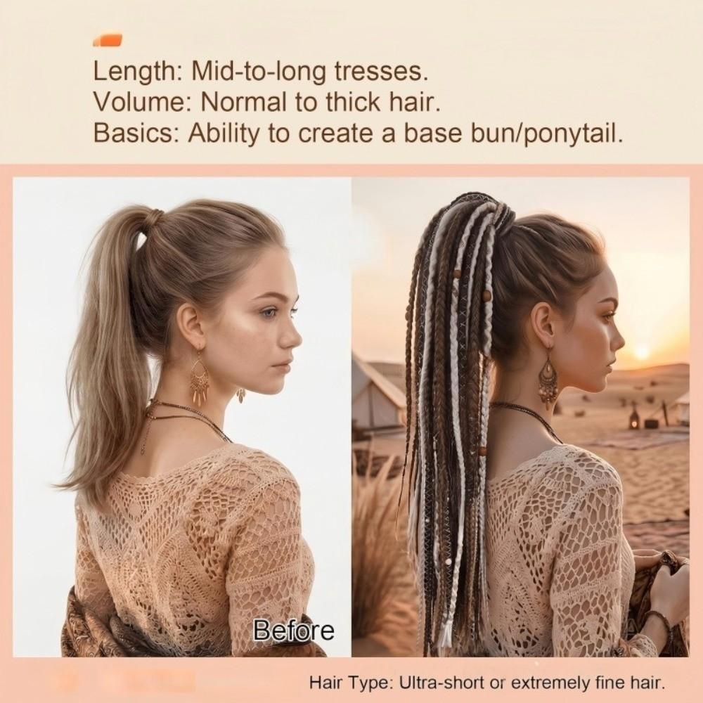 Beaded Accents Braided Ponytail Extension Hand Woven Boho Braid Dreadlock Hairpiece  Daily Styling