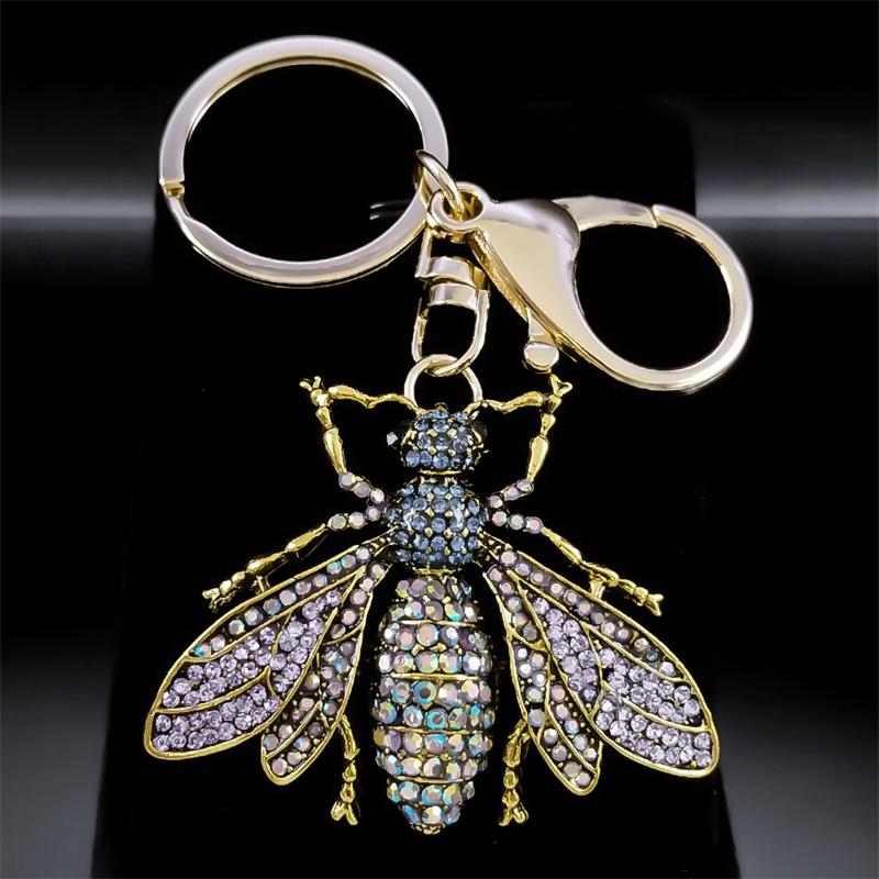 Vintage Crystal Bee Pendant Key Chain Women Alloy Rhinestone Keyring Car Bag Accessories Jewelry llaveros para mujer K9242S04