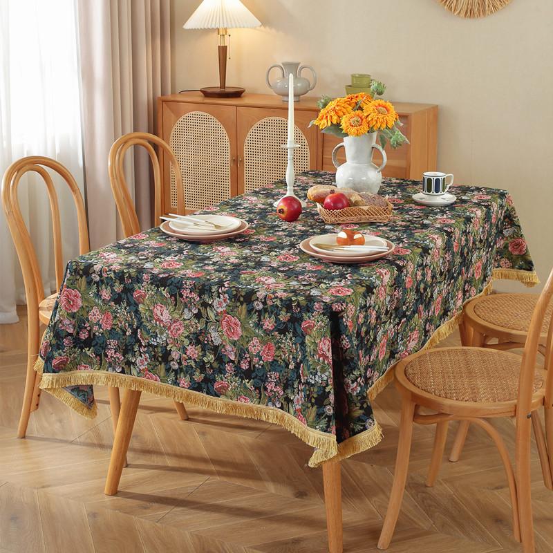 Retro Polyester Cotton Color Woven Jacquard Flower Geometric Gold Fringed Tablecloth Rectangular Coffee Table Tablecloth Dining Table Cloth