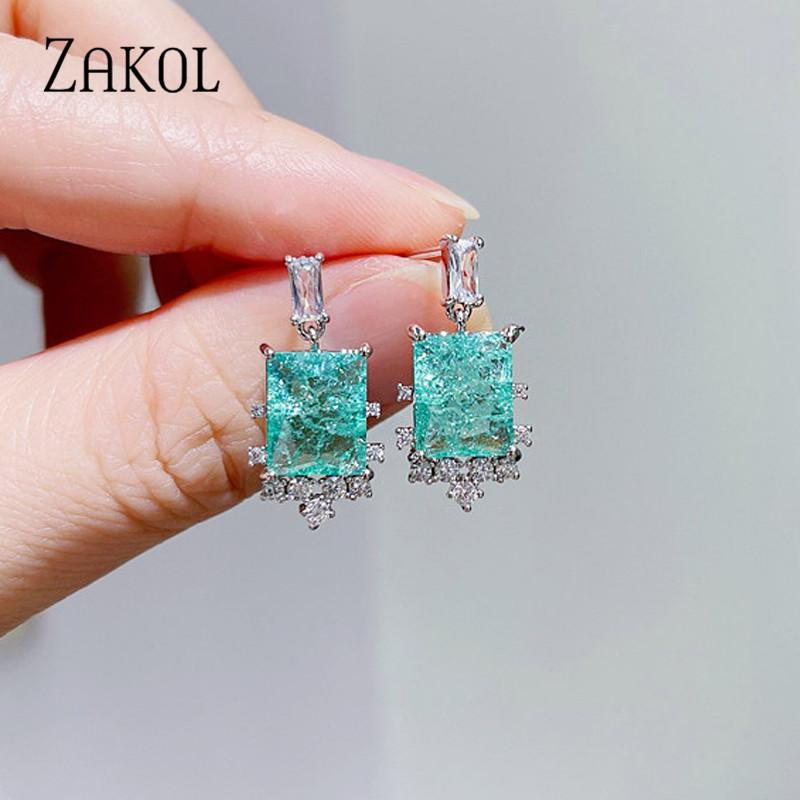 ZAKOL Blue Pink Rectangle Cubic Zirconia Drop Earrings for Women Girls Fashion Jackpot Wedding Accessories EP1196