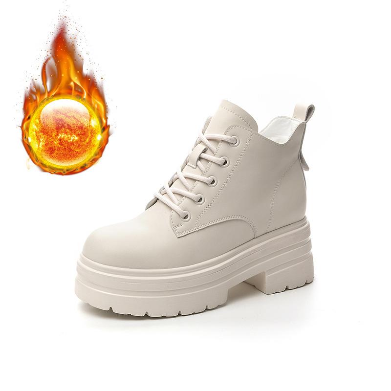 Осень и зима новая женская обувь толстая подошва завышенная новая подошва-маффин средняя высота голенища повседневные шнуровка короткие ботинки женский тренд бархат