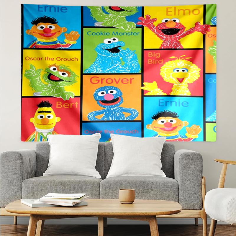 Sesame Street Print Tapestry, Backdrop, Easy Setup, Ideal for Bedroom, Office & Living Room, with Aesthetic Wall Hanging Decor.
