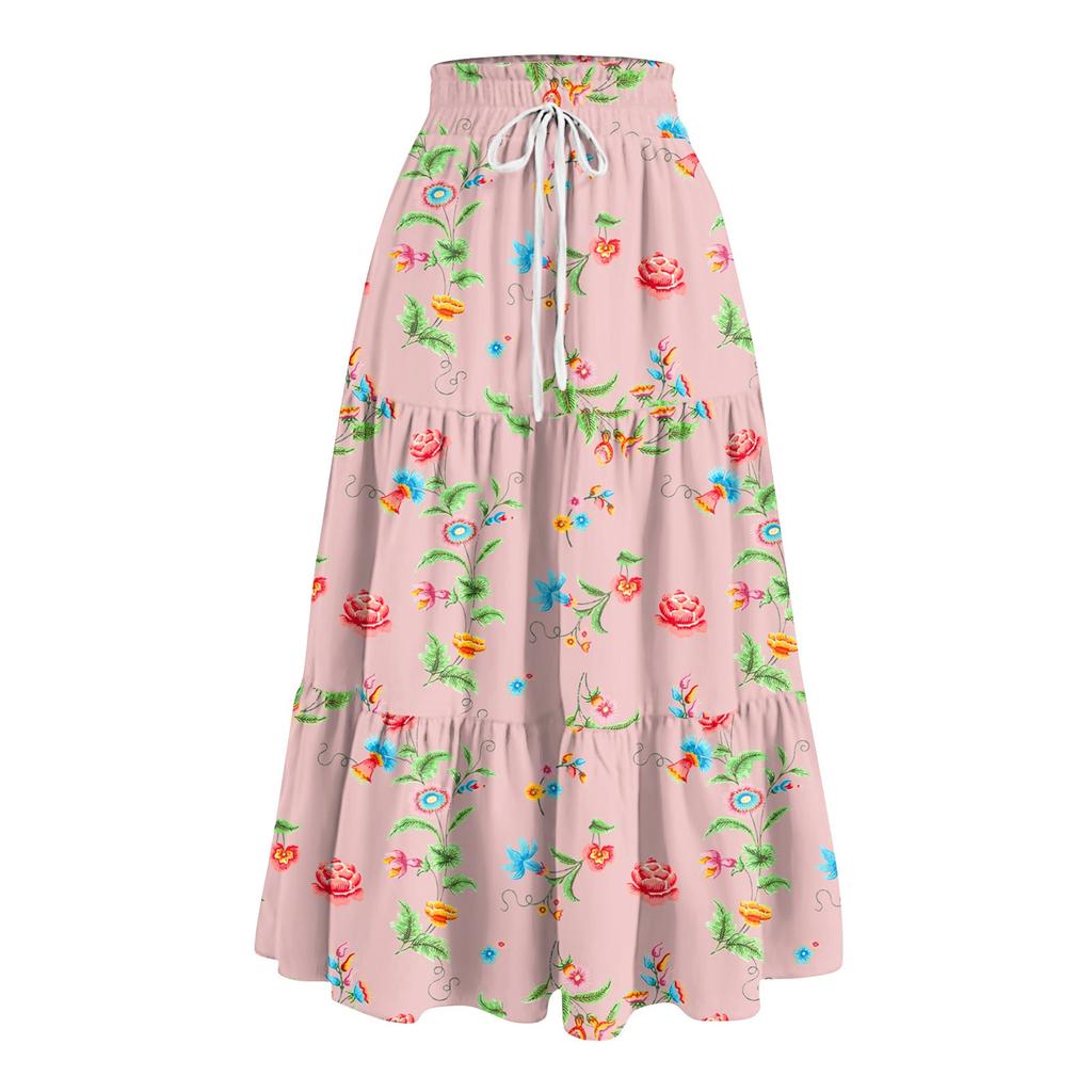 Women's Ruffled Spring Casual Long Skirt Plain Color Skirt Retro Pleated Skirt