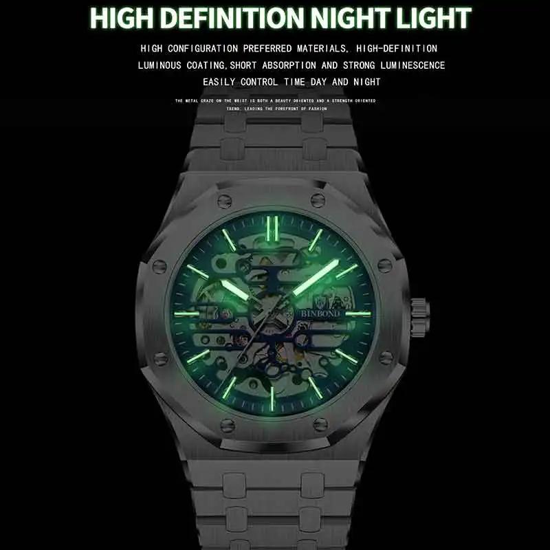 BINBOND New Fashion Men Watches Stainless Steel Automatic Mechanical Waterproof Watch Luxury Business Men Hollow Skeleton Watch
