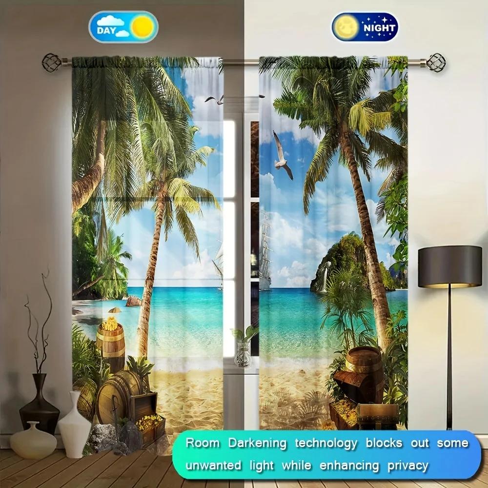 2 шт. занавески с принтом пляжного пейзажа для домашнего декора - оконная отделка с карманами для спальни, офиса, кухни, гостиной и кабинета