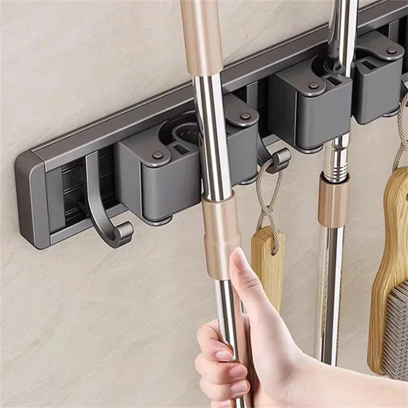 3/4 Hooks Gray Mop Holder Broom Organizer Rack Mop Holder Wall Mounted Strong Broom Mop Holder Self Organizers Hang Broom