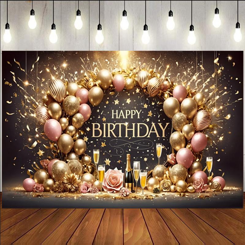 1Pc Happy Birthday Black Gold Balloon Background Wall Photography Mural Wallpaper Suitable for Family Birthday Party Decoration