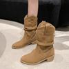 2024 Fashion Leather Western Pleated Women's Boots Pointed Toed Mid Calf Boots Women Nude Suede Slip-on Vintage Women Shoes
