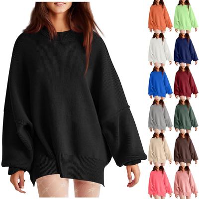 Женская мода свободный пуловер вязать однотонный свитер с длинными рукавами и круглым вырезом