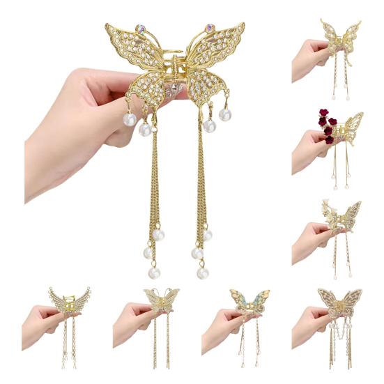 Hair Claw Long Fringe Faux Pearls Butterflies Decor Hair Clips Women Girls Hairstyles Home Outdoor Playing Hair Decoration