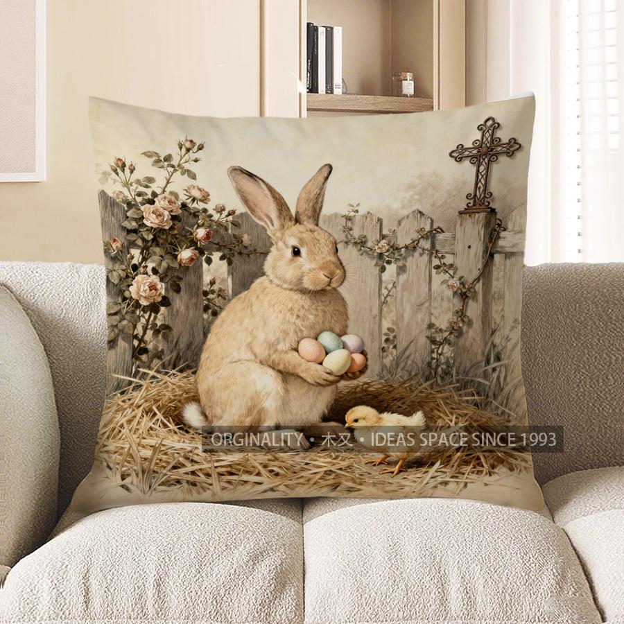 2D Кролик с яйцами и крестом Пасхальная тематика Подушка Чехол для подушки Подходит для дивана Спальни Автомобиля Чехол для подушки