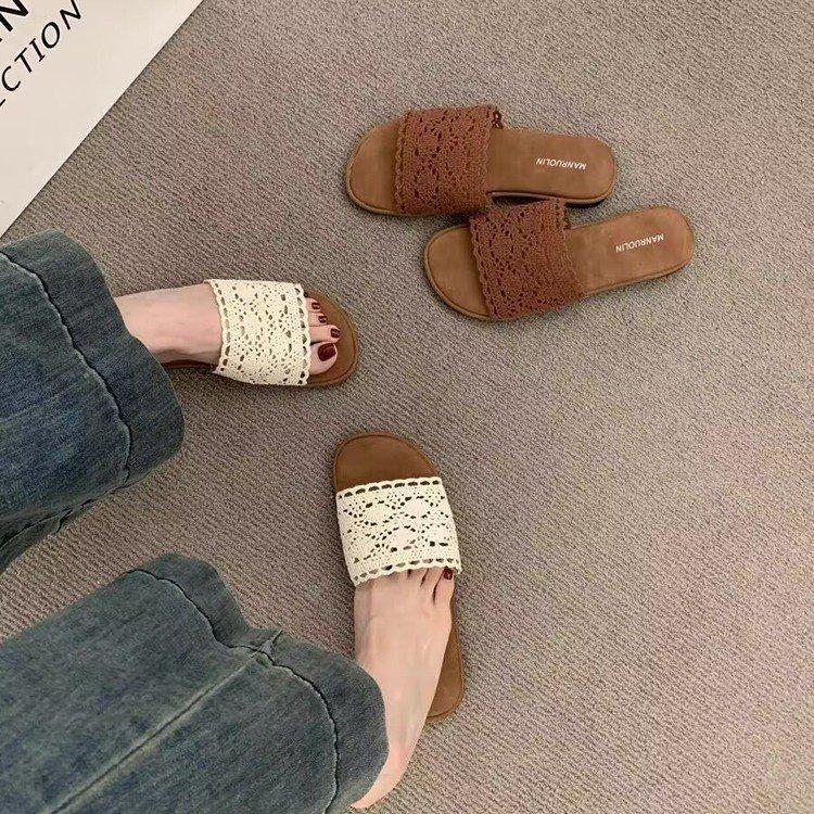 Vintage Casual Flat-bottomed Woven One-word with Open-toed Slippers for Women's Summer Wear Bohemian Seaside Vacation Beach Shoes