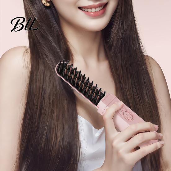 Frizz Control Hair Brush 2-in-1 Portable Straightener Brush, Curling Straightening Comb with 3 Temperature Settings, USB Rechargeable Electric