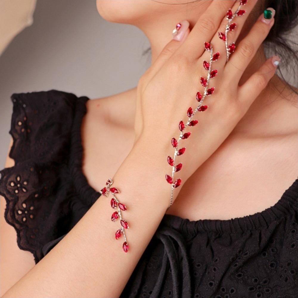 Simple Elegant Fashionable Luxury Bracelet Rhinestones Adjustable Leaf Cubic Zircon Hand Palm Bracelet Hand Piece Jewelry