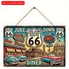 2D Flat Wooden 30*20cm Vintage Route 66 Wooden Wall Sign - Retro Jukebox & Classic Diner Decorative Plaque with Flax Rope Hanger for Home, Bar, Cafe