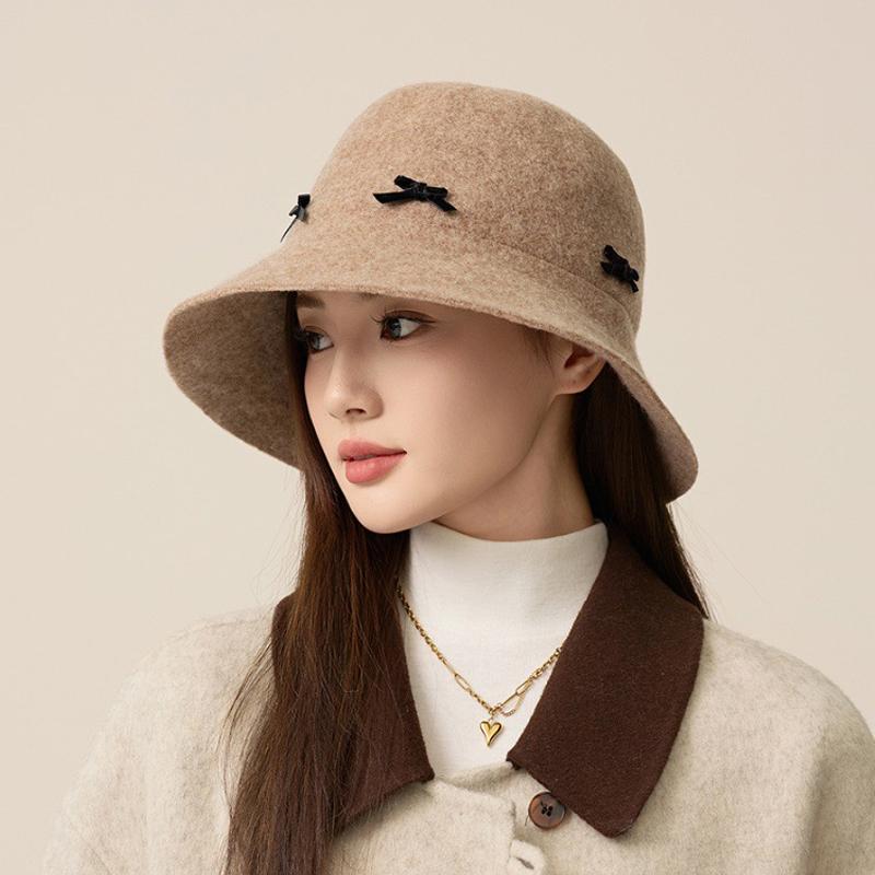 Autumn Winter Bow Wool Hat Solid Color Fisherman Hat Women's Basin Hat