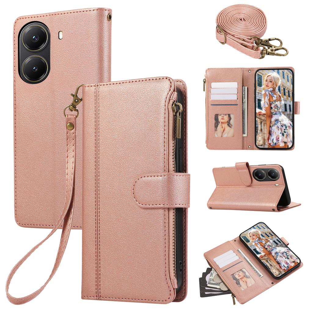 Для Xiaomi Poco X7 Pro 5G/Redmi Turbo 4 5G Чехол Многослотовый на молнии Кожаный чехол для телефона с плечевым ремнем/ремешком на запястье