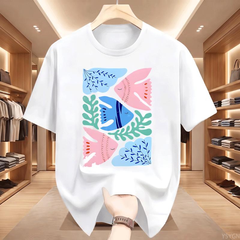 Feng Shui Minimalist Cartoon Printed Tshirt Unisex Unisex Flower Fish Loose Tshirt Casual Cotton Short Sleeved T Shirt Unisex Tops
