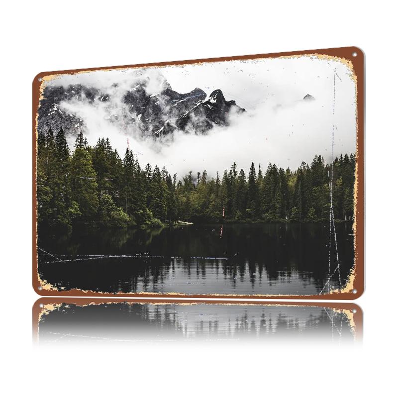 Mountain Lake Reflection D Texture Printed Poster Custom Vintage Metal Tin Plate Sign for Wall Art Modern Home Decoration House