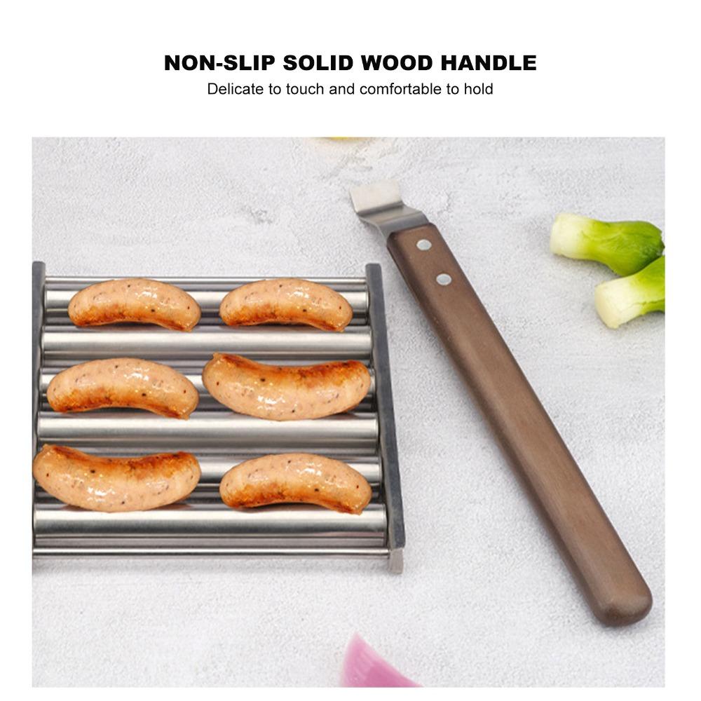 Detachable Wooden Handle Sausage Roller Rack Silver Hot Dog Griller Barbecue Grilling