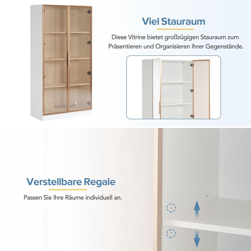 Стеклянная витрина со светодиодной подсветкой, Белая, двухсекционная, с регулируемыми полками, 2 ящика, Современный книжный шкаф, отдельностоящая витрина, офисный шкаф
