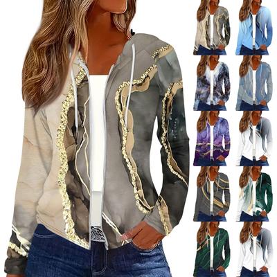 Женская мода повседневная застежка-молния с капюшоном и принтом с длинным рукавом толстовки пальто