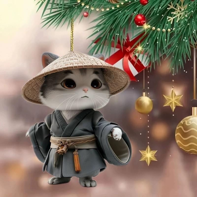 Straw With Cat Hat Acrylic Car Pendant For Christmas Party Decor And Interior