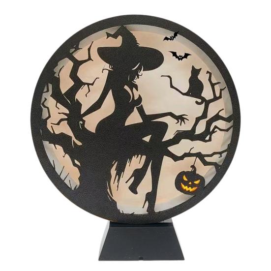 Halloween LED Lantern Wooden Desktop Light Witch Pumpkin Spider Cat Designs Silhouette Ornament Spooky Tabletop Home Party Decoration