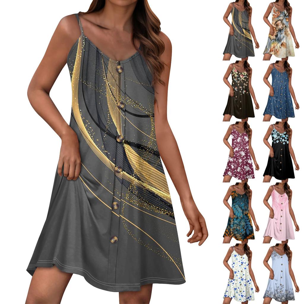 Summer Dresses For Women Spaghetti Strap Button Down Casual Sundress Beach Cover Up Dress With Pockets
