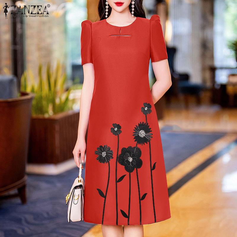 ZANZEA Женское повседневное летнее платье с круглым вырезом, коротким рукавом и принтом