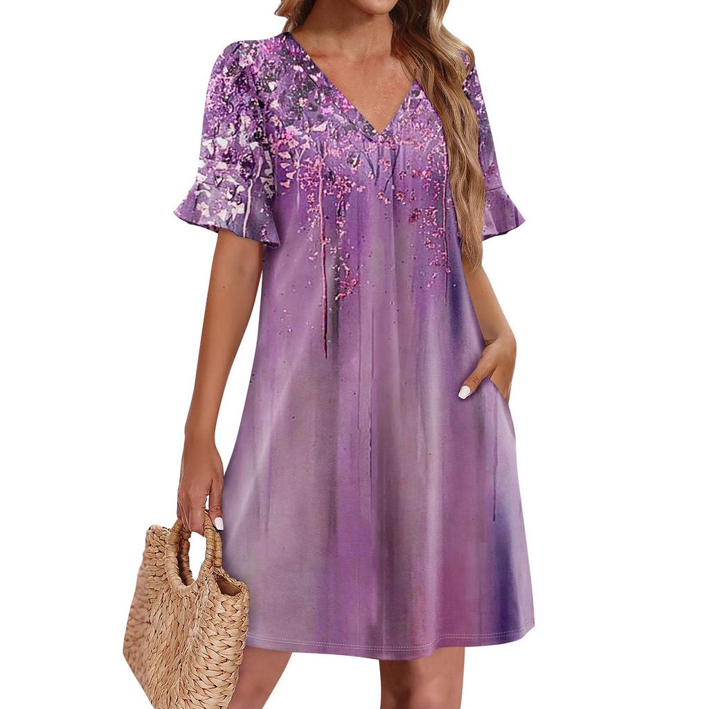 Летние платья для женщин с V-образным вырезом, оборками и коротким рукавом, повседневное свободное платье с принтом, пляжное платье с карманами