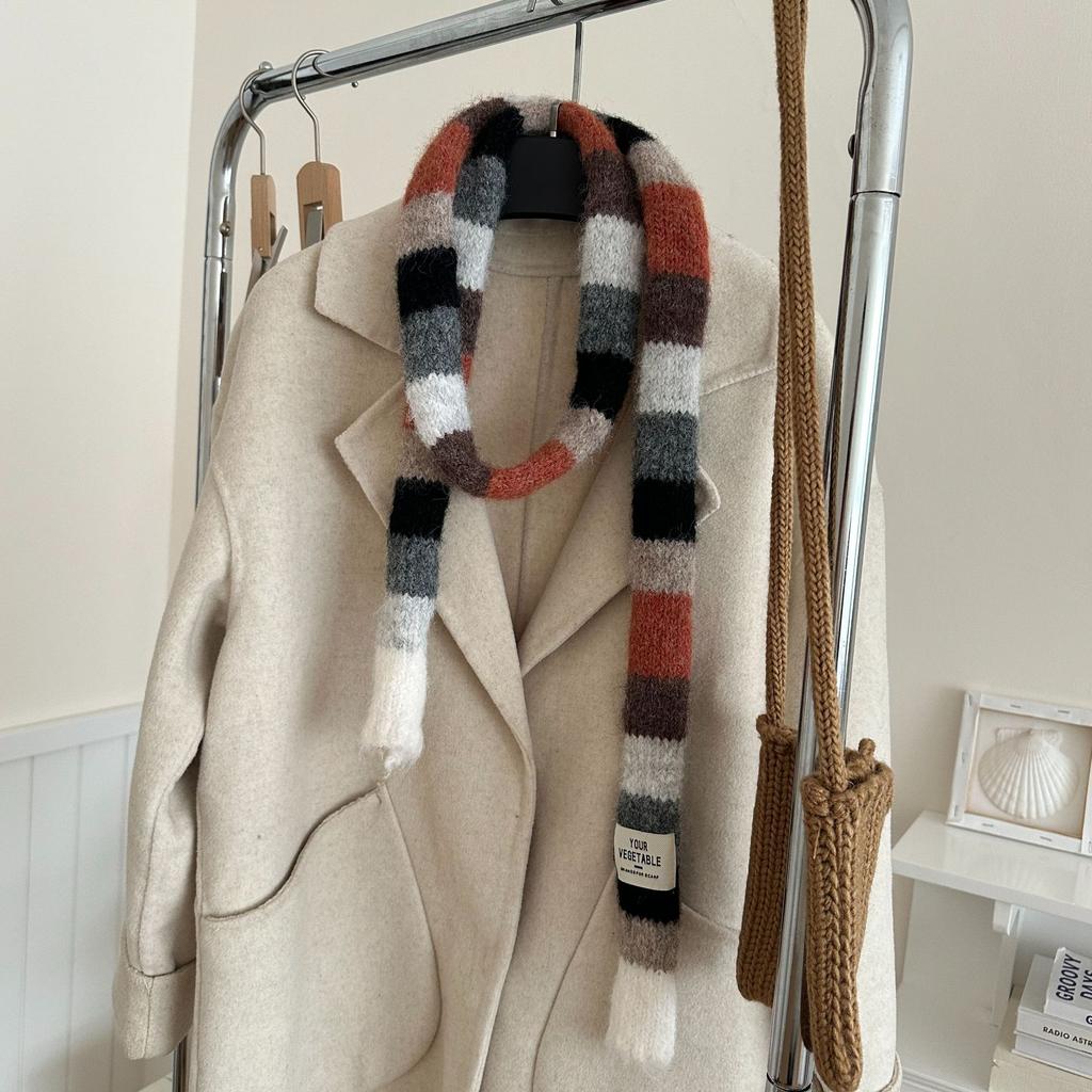 Korean Y2K Striped Scarf Knitted Wool with Colorful Splicing Contrast Long Narrow Scarves Sausage Thin Scarf Winter Scarves Wrap
