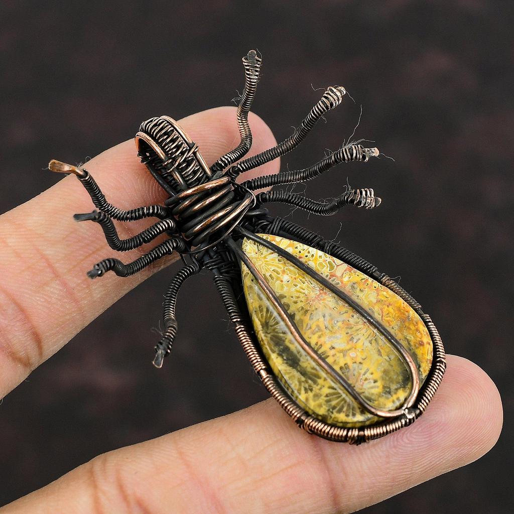 Подвеска из ископаемого коралла, подвеска из медной проволоки, подвеска ручной работы, подвеска из ископаемого коралла, драгоценный камень, подвеска в виде паука, медная подвеска, подарок для мамы