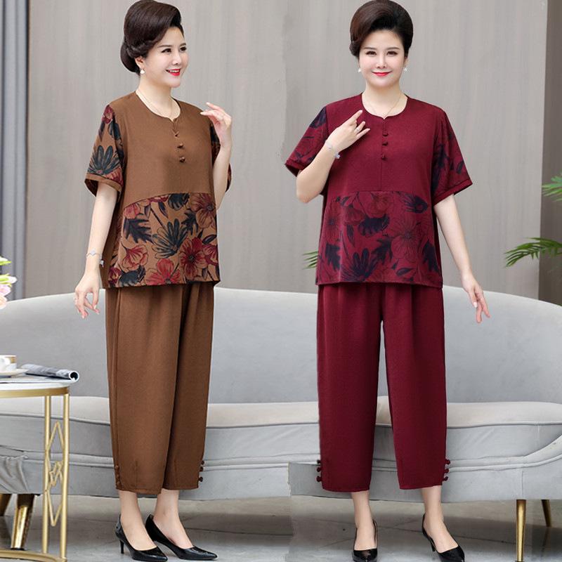 Летний комплект больших размеров с коротким рукавом для женщин среднего и пожилого возраста - Свободный облегающий костюм-двойка