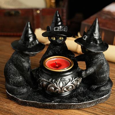 Подсвечник 'Черный кот' из смолы, Хэллоуинские коты в шляпах ведьм, подсвечник