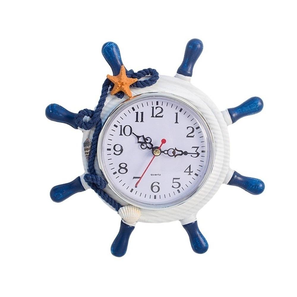 8.46in Steering Wheel Clock Blue Sailing Ship Clock Mediterranean Wooden Wall Clock Party Favors