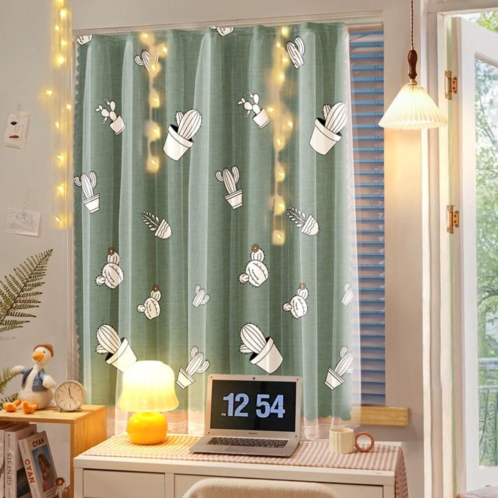 1 Pc No Drill Double Layer Curtain Cartoon Pattern with Rope Blackout Curtains Self-adhesive Bedroom Curtains Rental Housing