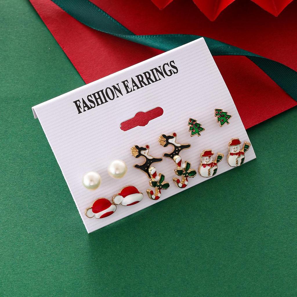 High-End Christmas Cartoon Earrings Set: Pearl Elk, Santa Hat, Snowman, and Candy Cane Designs for Women