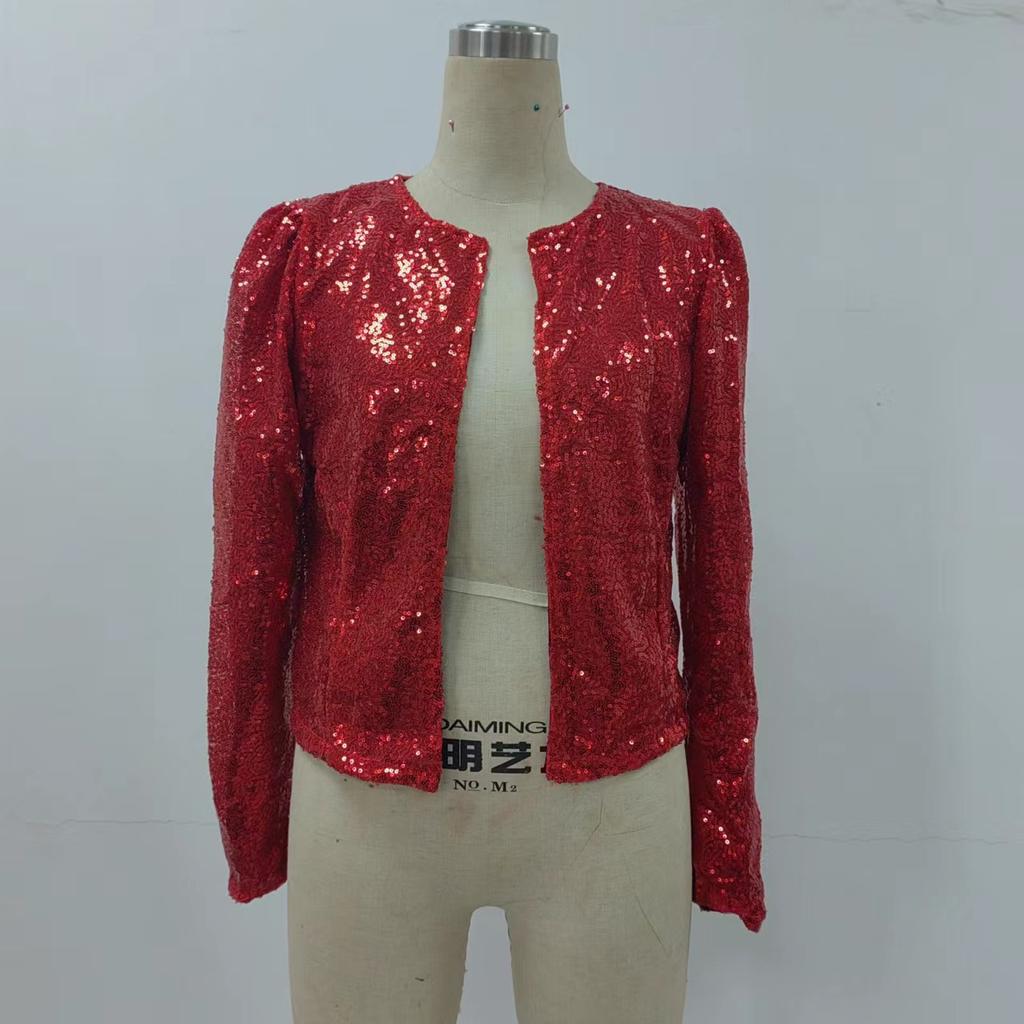 Short Casual Women's Jacket for Spring with Eye-catching Sequins and Chic Style